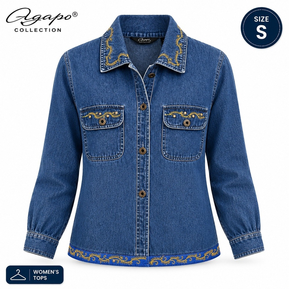 Agapo Denim Shirt Jacket Womens S Blue Embroidered Ribbon Vintage Y2K